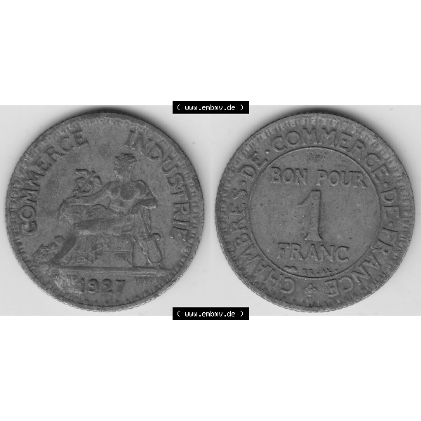 Grau bzw. s/w Münze Frankreich Umlaufmünzen Sammlung in PNG 1920-1927, 1 Franken BON POUR 1 FRANC 1927 (3) - Digitales Münzen-Bildmaterial einer französischen Francs Münze aus... Sammlung Graustufen