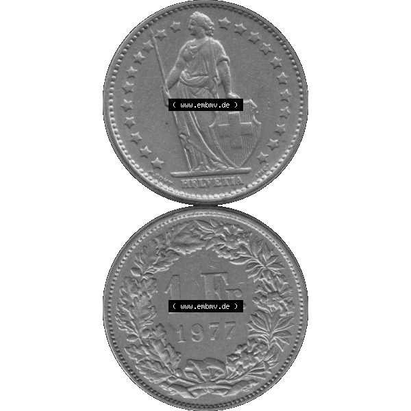 Grau bzw. s/w Alte Münze Schweiz in original Farbgebung vom Scanner transparenten PNG 1968-1982, 1 Franken B 1977-01 (10) Sammlung Graustufen