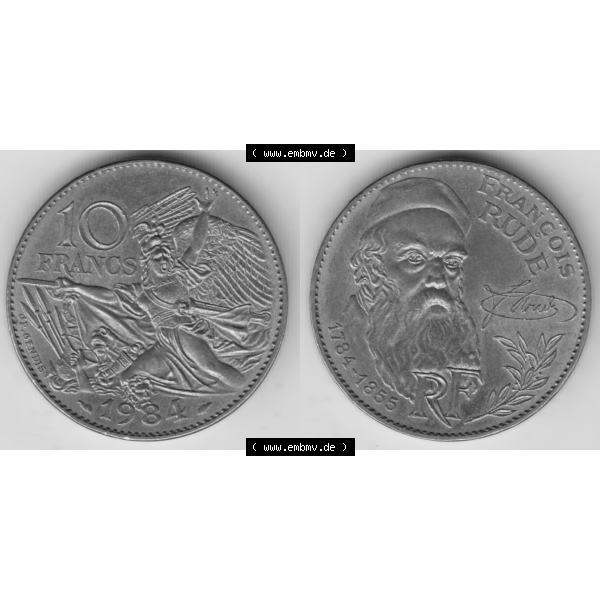 Grau bzw. s/w Münze Frankreich Umlaufmünzen Sammlung in PNG 1984-1984, 10 Francs Francois Rude (3) - Digitales Münzen-Bildmaterial einer französischen Francs Münze aus Frankreich... Sammlung Graustufen