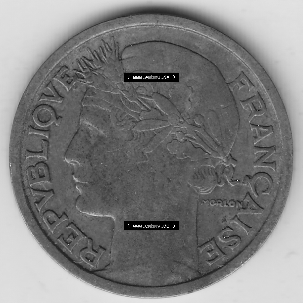 Grau bzw. s/w Münze Frankreich Umlaufmünzen Sammlung in PNG 1931-1941, 1 Franken, 1 Franc, 1937-1 LIBERTE EGALITE FRATERNITE (1) - Digitales Münzen-Bildmaterial einer französischen... Sammlung Graustufen