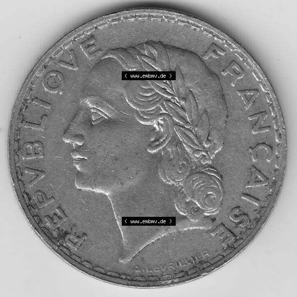 Grau bzw. s/w Münze Frankreich Umlaufmünzen Sammlung in PNG 1933-1938, 5 Franken - Francs RF 1933 (1) - Digitales Münzen-Bildmaterial einer französischen Francs Münze aus Frankreich... Sammlung Graustufen