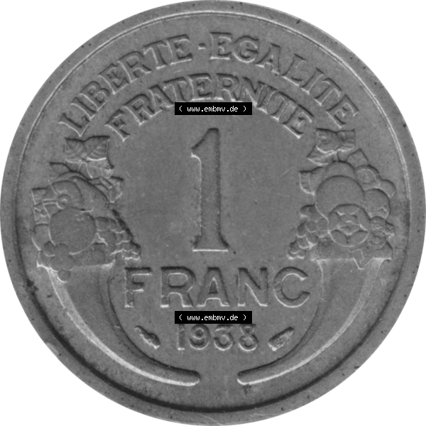 Grau bzw. s/w Münze Frankreich Umlaufmünzen Sammlung in PNG 1931-1941, 1 Francs, Franken 1938-01 (5) - Digitales Münzen-Bildmaterial einer französischen Francs Münze aus... Sammlung Graustufen