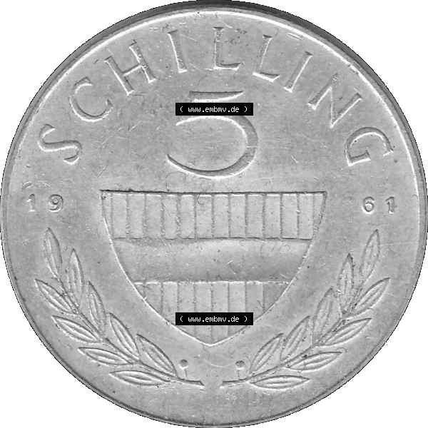 Grau bzw. s/w Alte Münze 5 / Fünf Schilling Österreich in original Farbgebung von Scanner transparenten PNG 1960-1968, 5 Fünf Schilling 1961-01, 5,20 Gramm 640er Silber,... Sammlung Graustufen