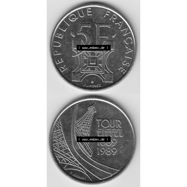 Grau bzw. s/w Münze Frankreich Umlaufmünzen Sammlung in PNG 1989-1989, 5 Francs Franken Eiffelturm (4) - Digitales Münzen-Bildmaterial einer französischen Francs Münze aus Frankreich... Sammlung Graustufen