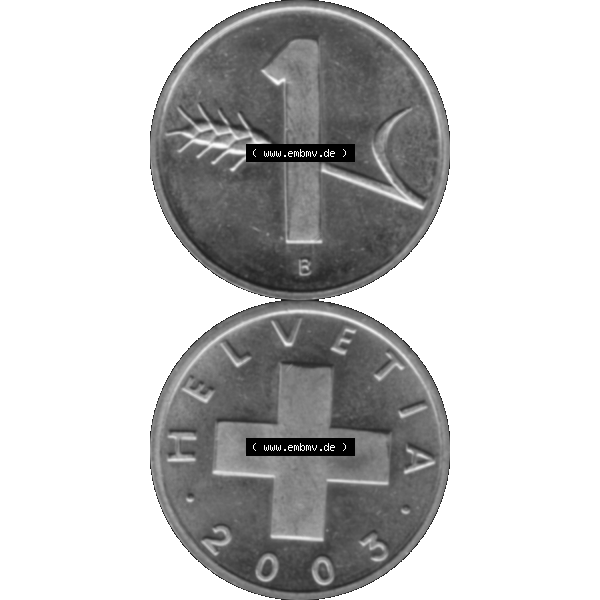 Grau bzw. s/w Alte Münze KMS Schweiz in original Farbgebung vom Scanner transparenten PNG 1948-2006, 1 Rappen 2003. Erst die Rückseite Oben und dann die Vorderseite unten der Münze Umlaufmünze... Sammlung Graustufen