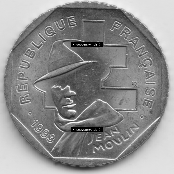 Grau bzw. s/w Münze Frankreich Umlaufmünzen Sammlung in PNG 1993-1993, 2 Francs Jean Moulin (2) - Digitales Münzen-Bildmaterial einer französischen Francs Münze aus Frankreich... Sammlung Graustufen
