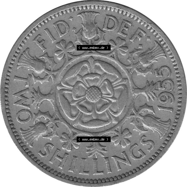 Grau bzw. s/w Münzen Großbritannien Umlaufmünzen Sammlung in PNG Großbritannien 1954-1970, 2 Schilling-Florin, Two Shillings, 1955-01 ELIZABETH II DEI GRATIA REGINA (6)... Sammlung Graustufen