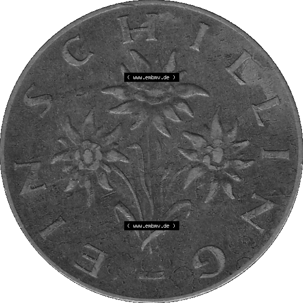 Grau bzw. s/w Alte Münzen Österreich 1 / Ein Schilling 1959-2001, 1 Schilling 1960-02. Rückseite der alten 1 / Ein Schilling Münze Edelweiß aus dem Zeitraum 1959-2001,... Sammlung Graustufen
