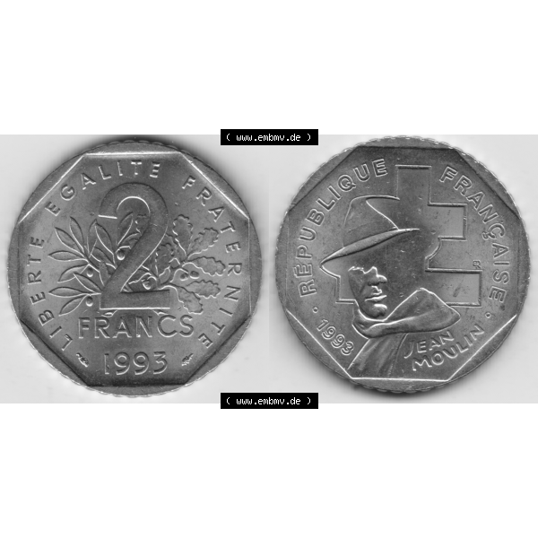 Grau bzw. s/w Münze Frankreich Umlaufmünzen Sammlung in PNG 1993-1993, 2 Francs Jean Moulin (3) - Digitales Münzen-Bildmaterial einer französischen Francs Münze aus Frankreich... Sammlung Graustufen