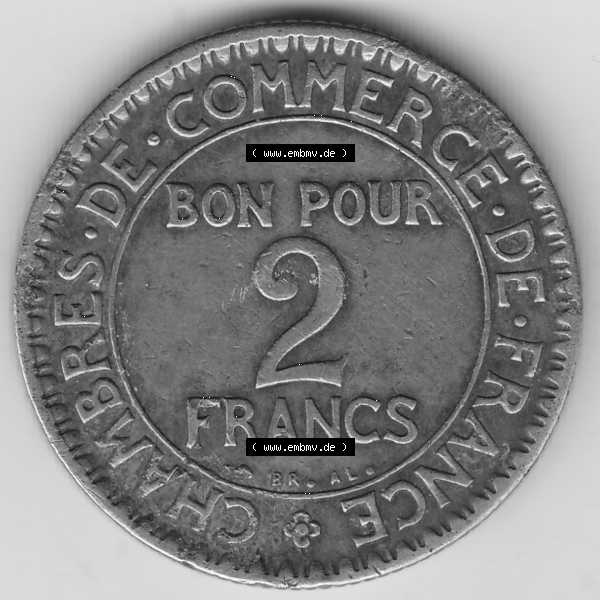 Grau bzw. s/w Münze Frankreich Umlaufmünzen Sammlung in PNG 1920-1927, 2 Franken 1925-1, BON POUR 2 FRANCS CHAMBRES DE COMMERCE DE FRANCE (2) - Digitales Münzen-Bildmaterial einer... Sammlung Graustufen