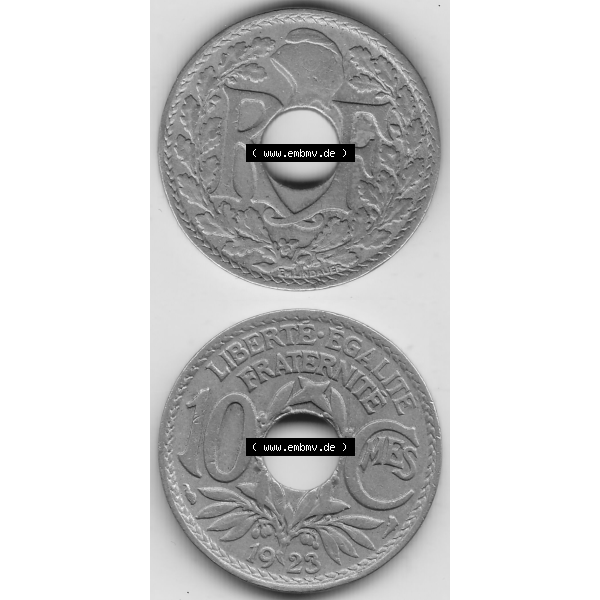 Grau bzw. s/w Münze Frankreich Umlaufmünzen Sammlung in PNG 1917-1938, 10 Centimes - Cmes 1923 (4) - Digitales Münzen-Bildmaterial einer französischen Francs Münze aus Frankreich... Sammlung Graustufen