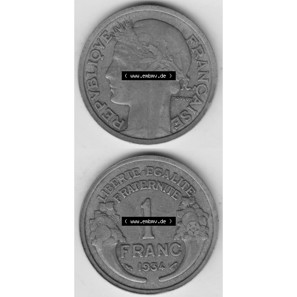 Grau bzw. s/w Münze Frankreich Umlaufmünzen Sammlung in PNG 1931-1941, 1 Franken, 1 Franc, 1934-1 LIBERTE EGALITE FRATERNITE (4) - Digitales Münzen-Bildmaterial einer französischen... Sammlung Graustufen
