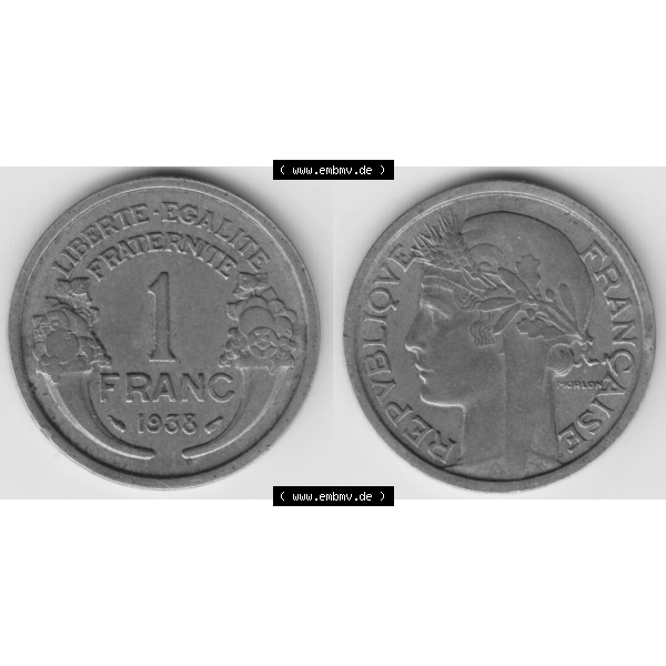 Grau bzw. s/w Münze Frankreich Umlaufmünzen Sammlung in PNG 1931-1941, 1 Francs, Franken 1938 (3) - Digitales Münzen-Bildmaterial einer französischen Francs Münze aus Frankreich... Sammlung Graustufen