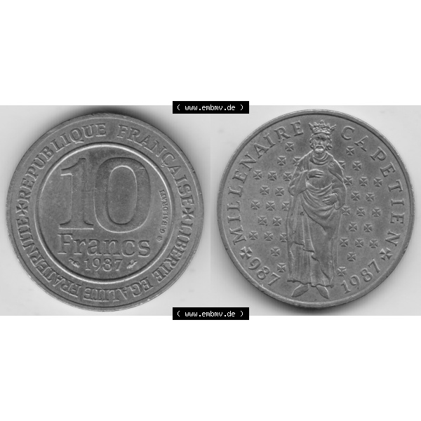 Grau bzw. s/w Münze Frankreich Umlaufmünzen Sammlung in PNG 1987-1987, 10 Francs 1000 Jahre König Hugo Capet erster König von Frankreich (3) - Digitales Münzen-Bildmaterial einer... Sammlung Graustufen