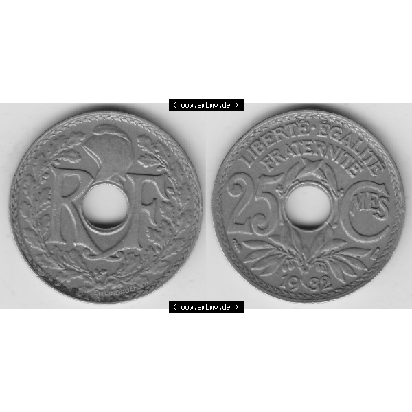 Grau bzw. s/w Münze Frankreich Umlaufmünzen Sammlung in PNG 1917-1937, 25 Cmes, Centimes 1932-1 LIBERTE EGALITE FRATERNITE (3) - Digitales Münzen-Bildmaterial einer französischen... Sammlung Graustufen
