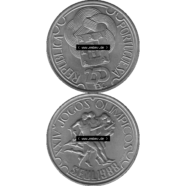 Grau bzw. s/w Alte Gedenkmünze aus Portugal als PNG-Grafik 1988, 250 Escudos, XXIV Jogos Olimpicos Seul 1988, Olympiade. Vorderseite und Rückseite vertikal - untereinander auf einen... Sammlung Graustufen