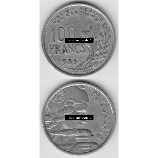 Grau bzw. s/w Münze Frankreich Umlaufmünzen Sammlung in PNG 1954-1958; 100 Francs, Franken Typ I. 1955 (4) - Digitales Münzen-Bildmaterial einer französischen Francs Münze... Sammlung Graustufen