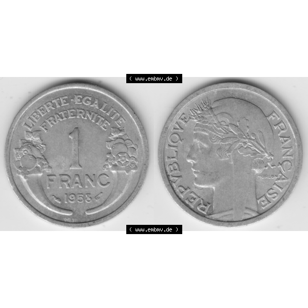 Grau bzw. s/w Münze Frankreich Umlaufmünzen Sammlung in PNG 1941-1959, 1 Francs, Franken 1958 (3) - Digitales Münzen-Bildmaterial einer französischen Francs Münze aus Frankreich... Sammlung Graustufen
