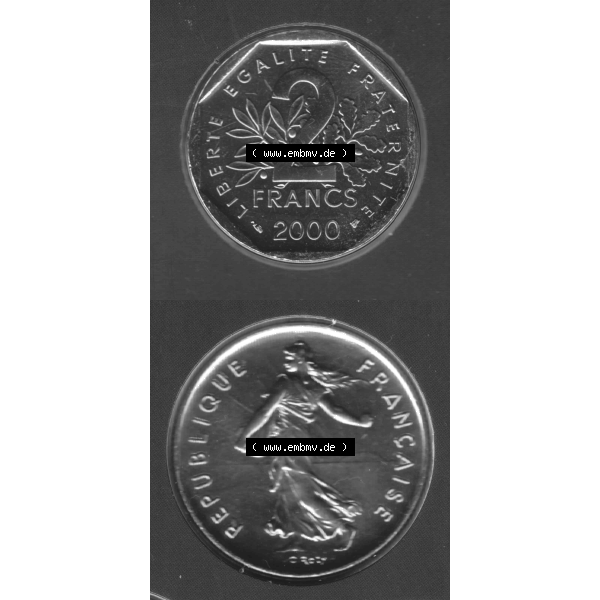Grau bzw. s/w Münze Frankreich aus KMS Umlaufmünzen Sammlung in PNG 2000, 2 Francs (4) - Digitales Münzen-Bildmaterial einer französischen Francs Münze aus Frankreich aus KMS... Sammlung Graustufen