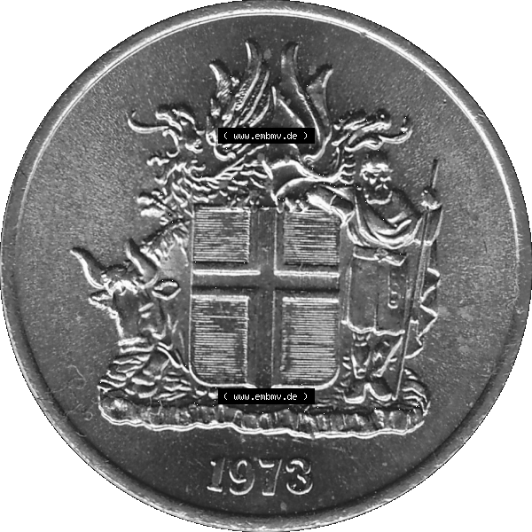 Grau bzw. s/w Alte Münze Island Umlaufmünze 1969-1980, 5 Kronur 1973-01, 5 Isländische Kronen. Vorderseite der isländischen Münze. Umlaufmünze aus Island,... Sammlung Graustufen