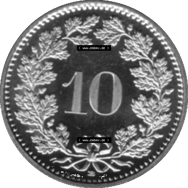 Grau bzw. s/w Alte Münze KMS Schweiz in original Farbgebung vom Scanner transparenten PNG 1940-2018, 10 Rappen 2002. Rückseite mit Nominal-Wert der Schweizer Münze, zum katalogisieren... Sammlung Graustufen
