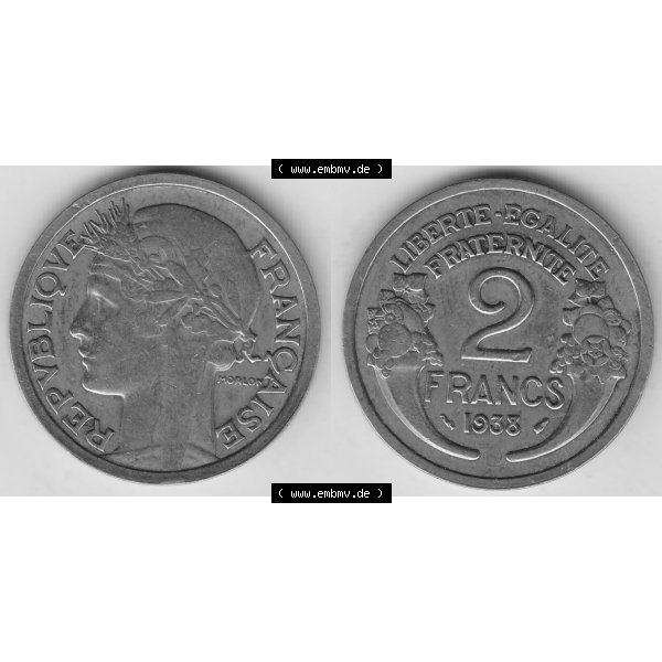 Grau bzw. s/w Münze Frankreich Umlaufmünzen Sammlung in PNG 1931-1941, 2 Franken 1938-1 LIBERTE EGALITE FRATERNITE (3) - Digitales Münzen-Bildmaterial einer französischen Francs Münze... Sammlung Graustufen