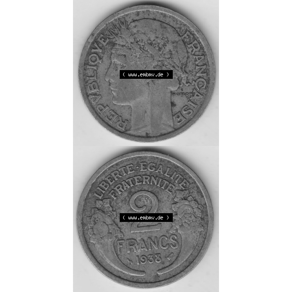 Grau bzw. s/w Münze Frankreich Umlaufmünzen Sammlung in PNG 1931-1941, 2 Franken 1938-2 LIBERTE EGALITE FRATERNITE (4) - Digitales Münzen-Bildmaterial einer französischen Francs Münze... Sammlung Graustufen