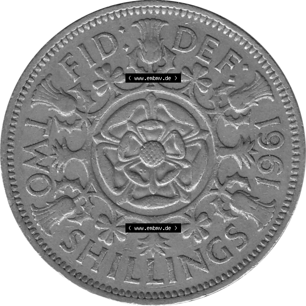 Grau bzw. s/w Münzen Großbritannien Umlaufmünzen Sammlung in PNG Großbritannien 1954-1970, 2 Schilling-Florin, Two Shillings, 1961-01 ELIZABETH II DEI GRATIA REGINA (6)... Sammlung Graustufen