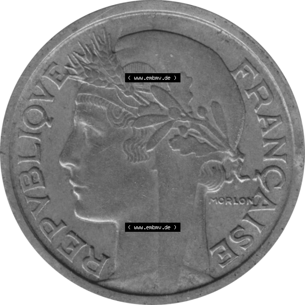 Grau bzw. s/w Münze Frankreich Umlaufmünzen Sammlung in PNG 1931-1941, 1 Francs, Franken 1938-01 (6) - Digitales Münzen-Bildmaterial einer französischen Francs Münze aus... Sammlung Graustufen