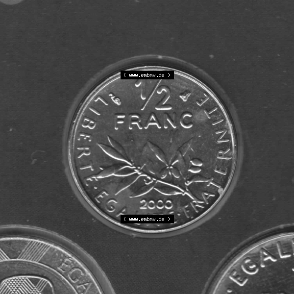 Grau bzw. s/w Münze Frankreich Umlaufmünzen Sammlung in PNG 2000, 0,50 Francs (1) - Digitales Münzen-Bildmaterial einer französischen Francs Münze aus Frankreich in farbige... Sammlung Graustufen