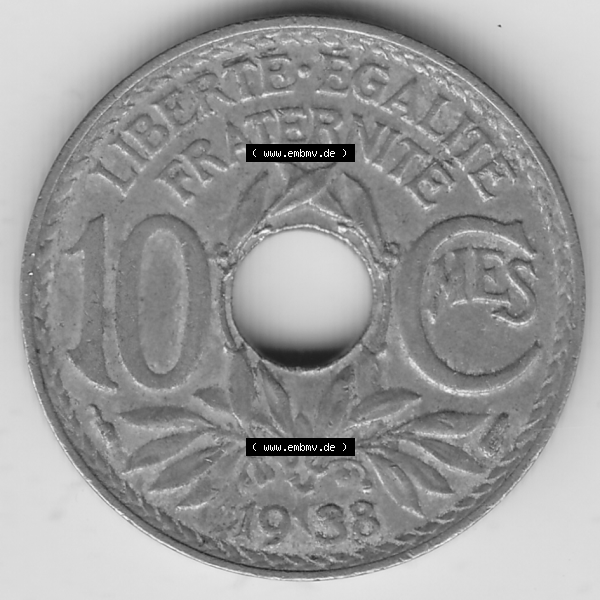 Grau bzw. s/w Münze Frankreich Umlaufmünzen Sammlung in PNG 1917-1938, 10 Centimes - Cmes 1938-2 (2) - Digitales Münzen-Bildmaterial einer französischen Francs Münze aus Frankreich... Sammlung Graustufen