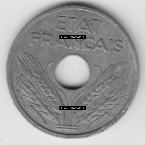 Grau bzw. s/w Münze Frankreich Umlaufmünzen Sammlung in PNG 1941-1943, 10 Centimes, Etat Francais 1943 (2) - Digitales Münzen-Bildmaterial einer französischen Francs Münze... Sammlung Graustufen