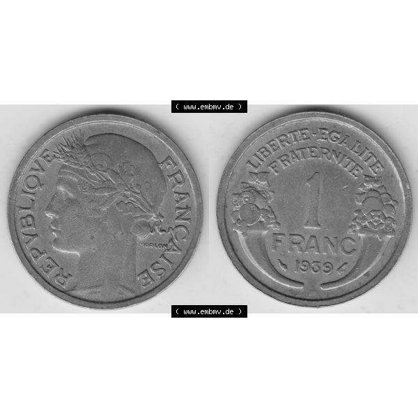 Grau bzw. s/w Münze Frankreich Umlaufmünzen Sammlung in PNG 1931-1941, 1 Franken, 1 Franc, 1939-1 LIBERTE EGALITE FRATERNITE (3) - Digitales Münzen-Bildmaterial einer französischen... Sammlung Graustufen