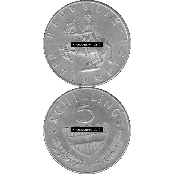 Grau bzw. s/w Alte Münze 5 / Fünf Schilling Österreich in original Farbgebung von Scanner transparenten PNG 1960-1968, 5 Fünf Schilling 1962-01, 5,20 Gramm 640er Silber,... Sammlung Graustufen
