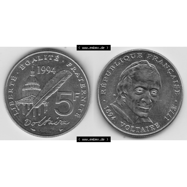 Grau bzw. s/w Münze Frankreich Umlaufmünzen Sammlung in PNG 1994-1994, 5 Francs Liberte Egalite Fraternite (3) - Digitales Münzen-Bildmaterial einer französischen Francs Münze... Sammlung Graustufen