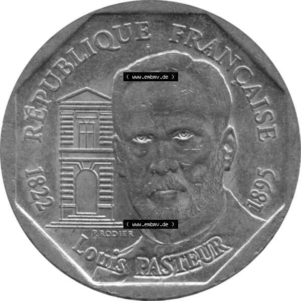 Grau bzw. s/w Münze Frankreich Umlaufmünzen Sammlung in PNG 1995-1995, 2 France Louis Rasteur 1995-01 (6) - Digitales Münzen-Bildmaterial einer französischen Francs Münze aus... Sammlung Graustufen