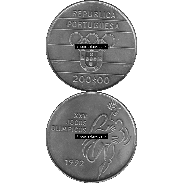 Grau bzw. s/w Alte Gedenkmünze aus Portugal als PNG-Grafik 1992, 200 Escudos, XXV Jogos Olimpicos. Vorderseite und Rückseite vertikal - untereinander auf einen Bild/Foto zusammengefügt... Sammlung Graustufen