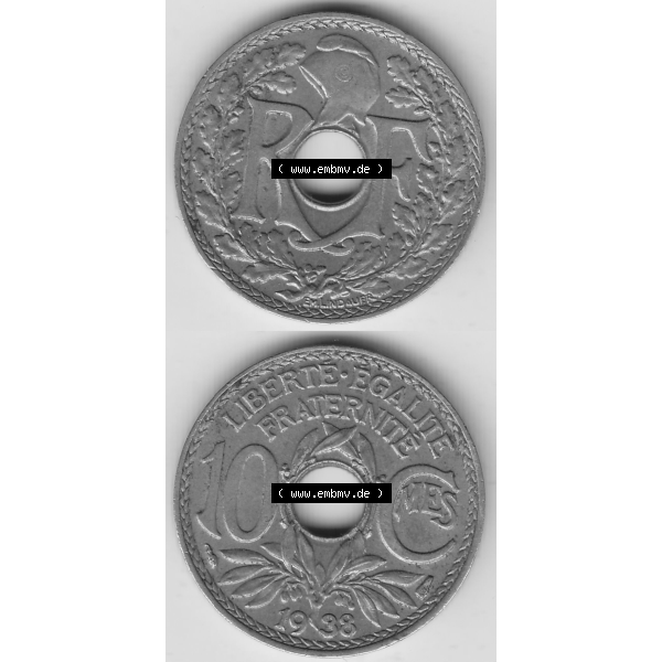 Grau bzw. s/w Münze Frankreich Umlaufmünzen Sammlung in PNG 1917-1938, 10 Centimes - Cmes 1938 (4) - Digitales Münzen-Bildmaterial einer französischen Francs Münze aus Frankreich... Sammlung Graustufen