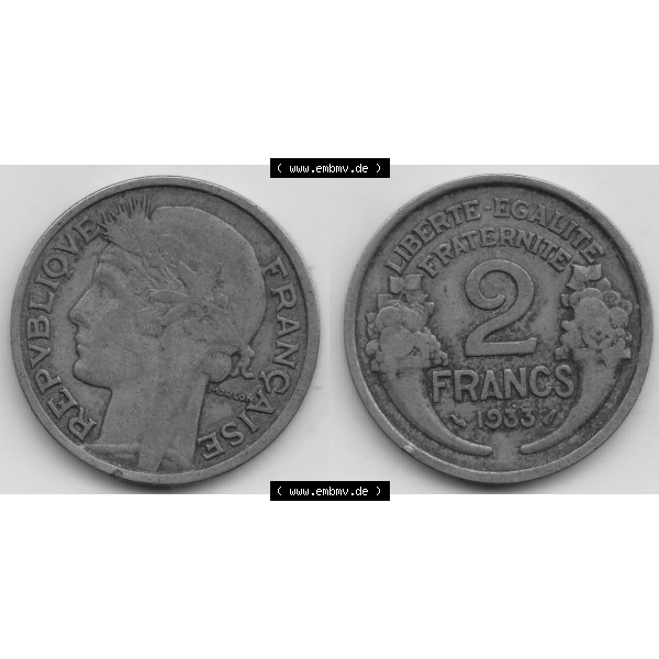 Grau bzw. s/w Münze Frankreich Umlaufmünzen Sammlung in PNG 1931-1941, 2 Franken 1933-1 LIBERTE EGALITE FRATERNITE (3) - Digitales Münzen-Bildmaterial einer französischen Francs Münze... Sammlung Graustufen