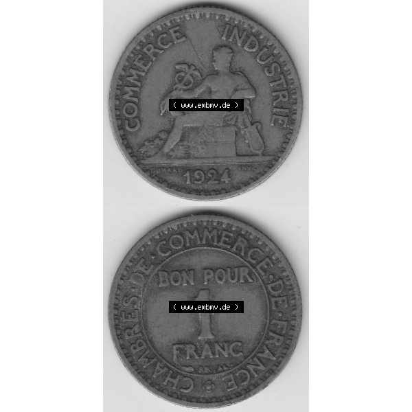Grau bzw. s/w Münze Frankreich Umlaufmünzen Sammlung in PNG 1920-1927, 1 Franken BON POUR 1 FRANC 1924-1 (4) - Digitales Münzen-Bildmaterial einer französischen Francs Münze... Sammlung Graustufen