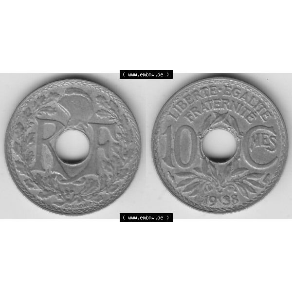 Grau bzw. s/w Münze Frankreich Umlaufmünzen Sammlung in PNG 1917-1938, 10 Centimes - Cmes 1938-2 (3) - Digitales Münzen-Bildmaterial einer französischen Francs Münze aus Frankreich... Sammlung Graustufen