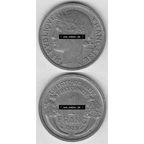 Grau bzw. s/w Münze Frankreich Umlaufmünzen Sammlung in PNG 1931-1941, 1 Franken, 1 Franc, 1939-1 LIBERTE EGALITE FRATERNITE (4) - Digitales Münzen-Bildmaterial einer französischen... Sammlung Graustufen