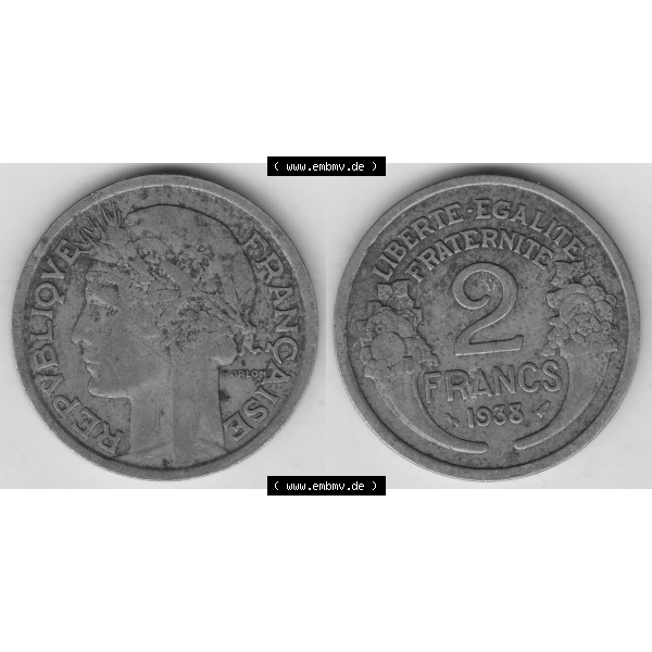 Grau bzw. s/w Münze Frankreich Umlaufmünzen Sammlung in PNG 1931-1941, 2 Franken 1938-2 LIBERTE EGALITE FRATERNITE (3) - Digitales Münzen-Bildmaterial einer französischen Francs Münze... Sammlung Graustufen