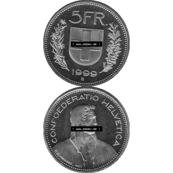 Grau bzw. s/w Alte Münze KMS Schweiz in original Farbgebung vom Scanner transparenten PNG 1994-2018, 5 Franken 1999. Erst die Rückseite Oben und dann die Vorderseite unten der Münze Umlaufmünze... Sammlung Graustufen