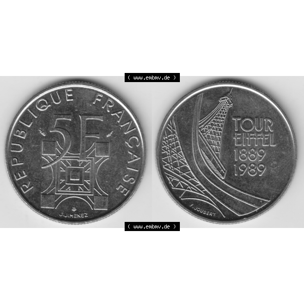 Grau bzw. s/w Münze Frankreich Umlaufmünzen Sammlung in PNG 1989-1989, 5 Francs Franken Eiffelturm (3) - Digitales Münzen-Bildmaterial einer französischen Francs Münze aus Frankreich... Sammlung Graustufen