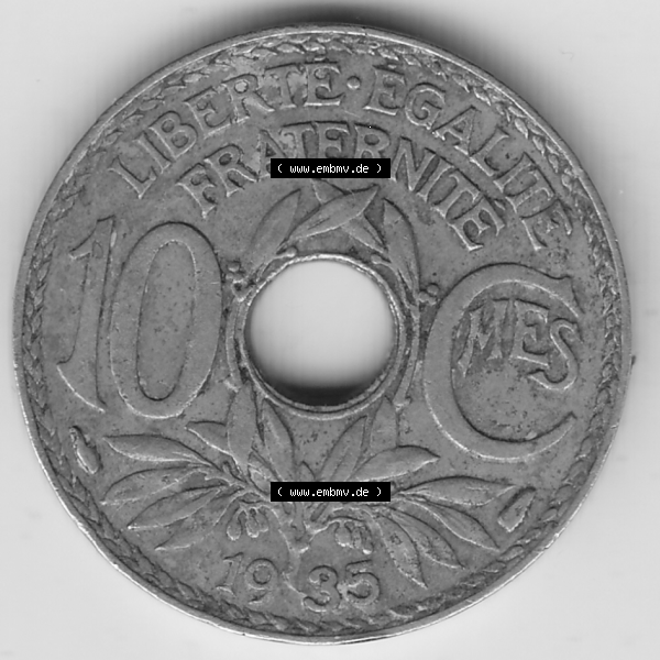 Grau bzw. s/w Münze Frankreich Umlaufmünzen Sammlung in PNG 1917-1938, 10 Centimes - Cmes 1935-2 (2) - Digitales Münzen-Bildmaterial einer französischen Francs Münze aus Frankreich... Sammlung Graustufen