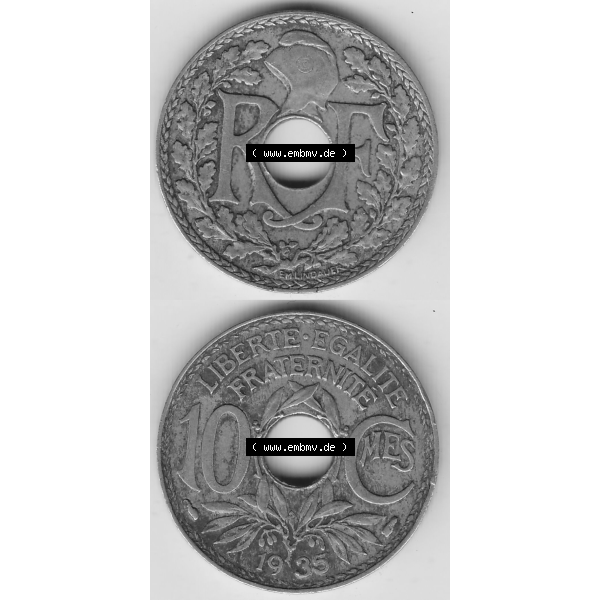 Grau bzw. s/w Münze Frankreich Umlaufmünzen Sammlung in PNG 1917-1938, 10 Centimes - Cmes 1935-4 (4) - Digitales Münzen-Bildmaterial einer französischen Francs Münze aus Frankreich... Sammlung Graustufen