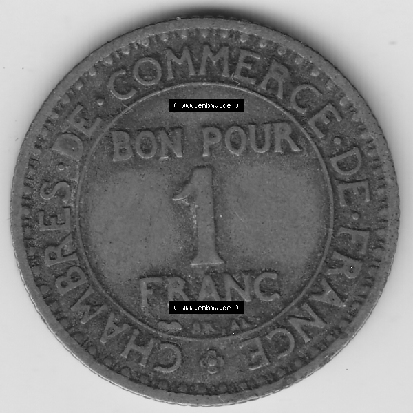 Grau bzw. s/w Münze Frankreich Umlaufmünzen Sammlung in PNG 1920-1927, 1 Franken BON POUR 1 FRANC 1924-1 (2) - Digitales Münzen-Bildmaterial einer französischen Francs Münze... Sammlung Graustufen