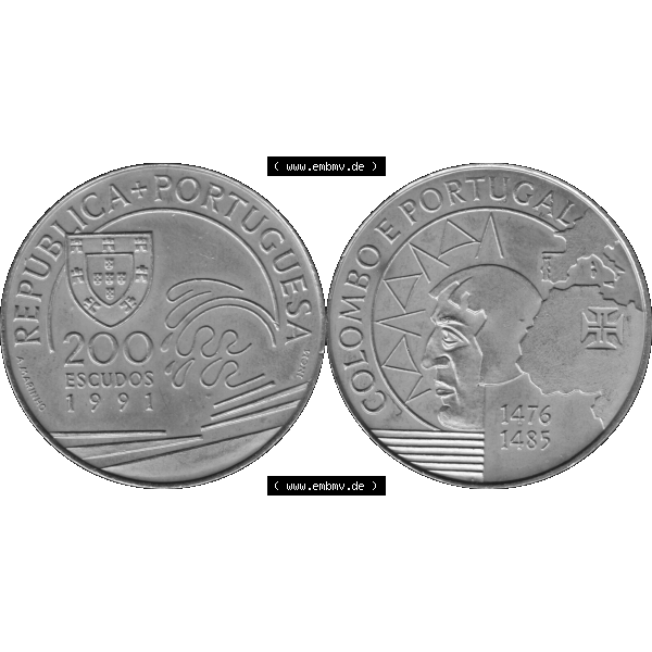 Grau bzw. s/w Alte Gedenkmünze aus Portugal als PNG-Grafik 1991, 200 Escudos, Colombo E Portugal 1476-1485. Vorderseite und Rückseite auf einen Bild/Foto der portugiesischen 200 Escudos... Sammlung Graustufen