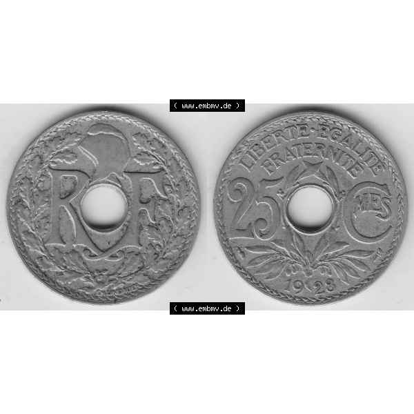 Grau bzw. s/w Münze Frankreich Umlaufmünzen Sammlung in PNG 1917-1937, 25 Cmes, Centimes 1928-1 LIBERTE EGALITE FRATERNITE (3) - Digitales Münzen-Bildmaterial einer französischen... Sammlung Graustufen
